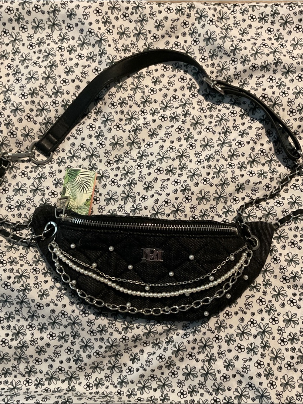 Badgley Mischka Black Mini Crossbody with Chain & Pearl Trim